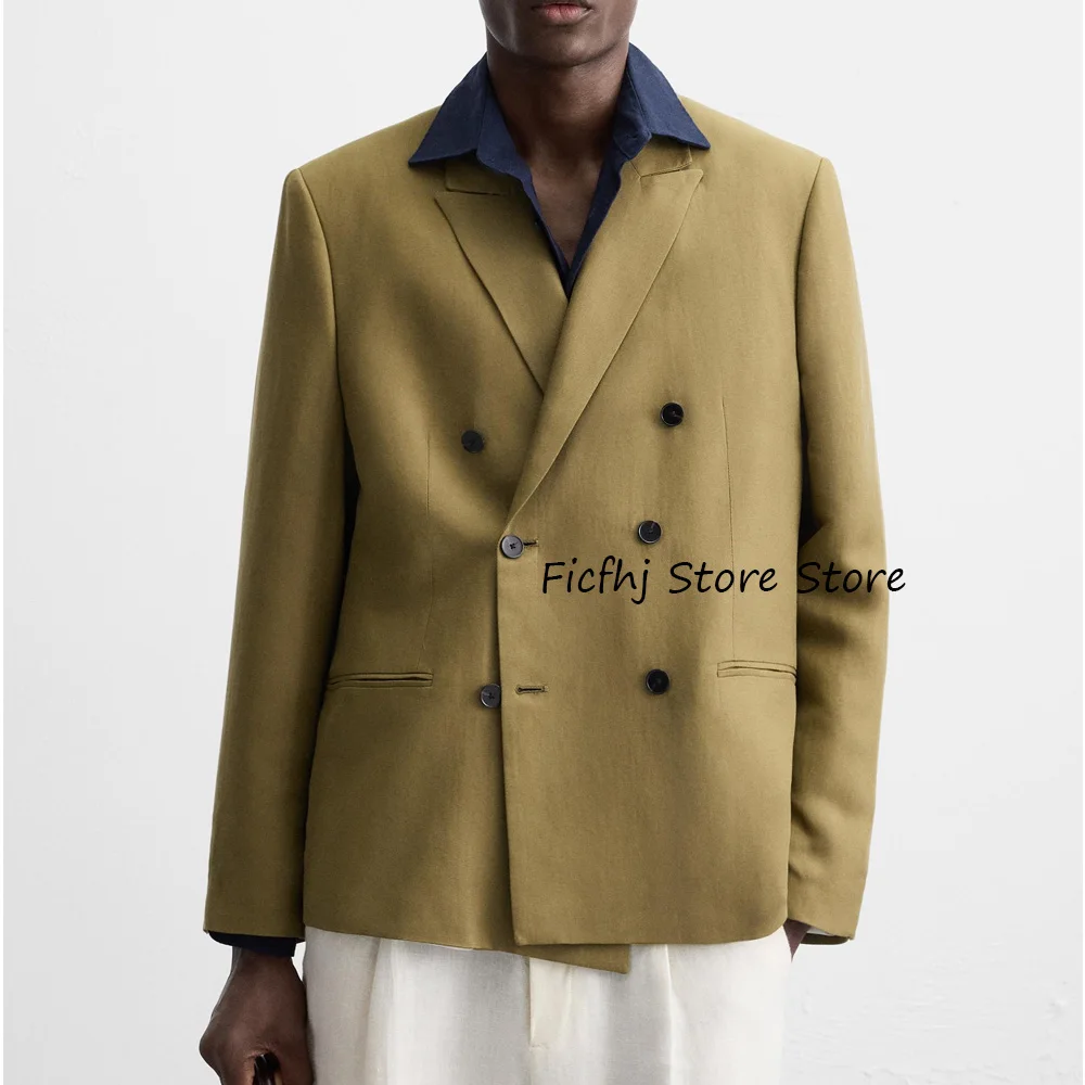 

Casual Suit Jackets for Man Linen Straight Pockets Men's Jacket Double-breasted Peaked Lapels Fashion Suits Blazer Clothing