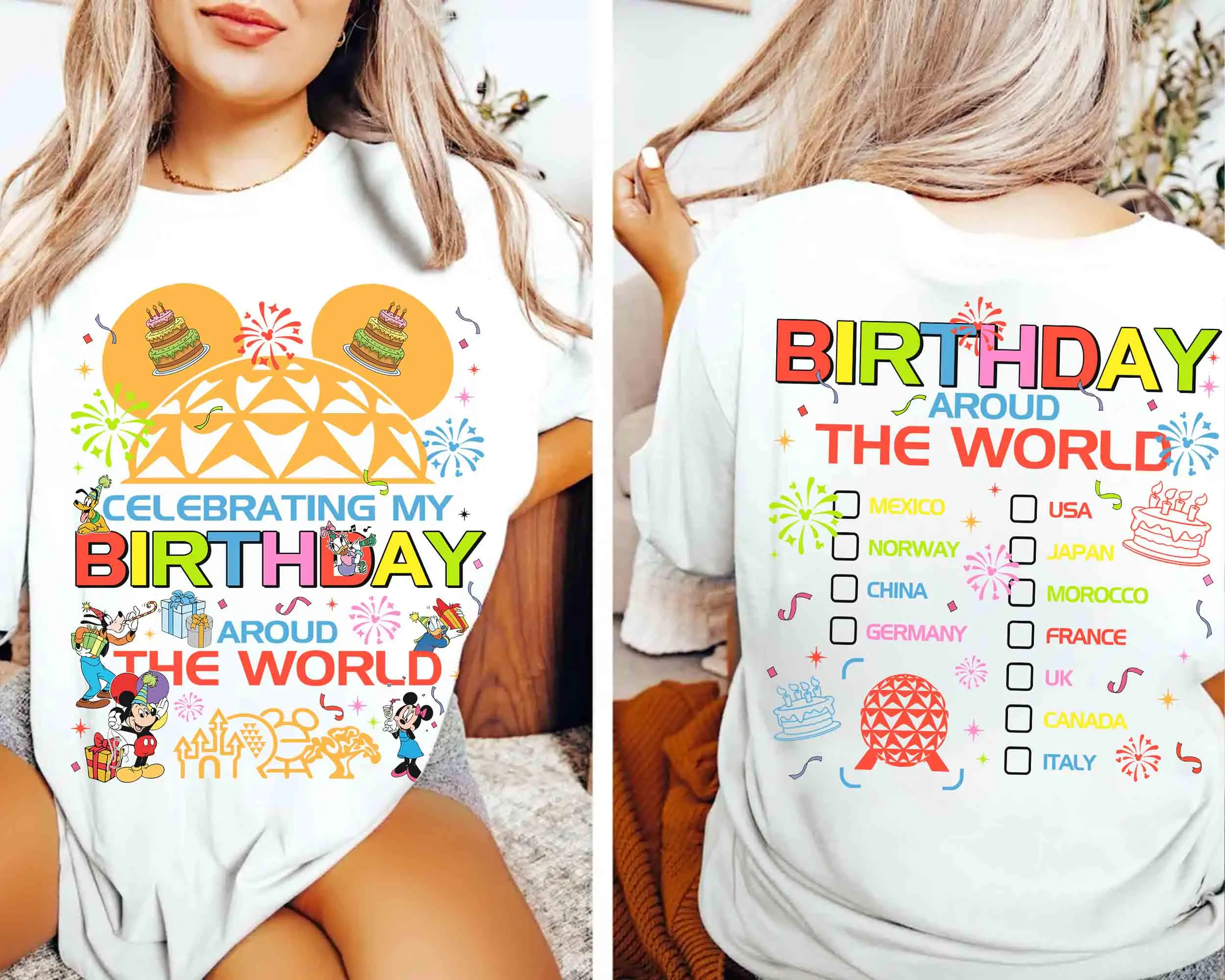 شخصية 2-الجانبين للاحتفال بعيد ميلادي حول العالم قميص Epcot عيد ميلاد قميص تي شيرت ديزني لاند رحلة هدية #1