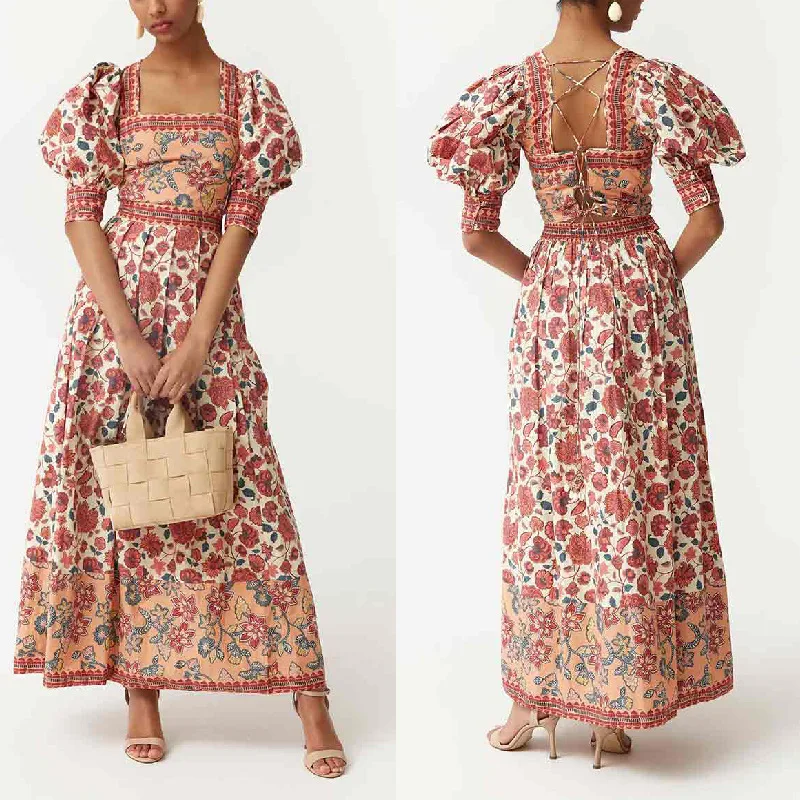 

Elegant Square Neck Bubble Sleeve Top & Long Skirt Sets Women Fashion Floral Print Bohemian Outfits Summer Caual Party 2pc Suit