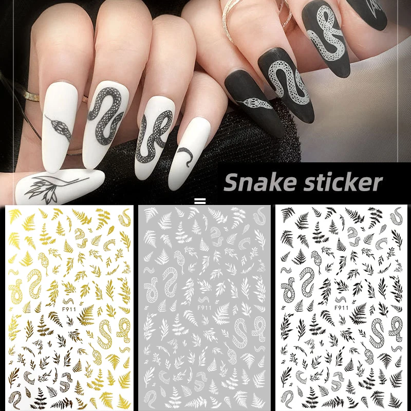 

New 3D Black White Snake Leaf Nail Stickers for Nails Art Decoration Supplies Goth Rock Design Manicure Inspired Decals Sliders