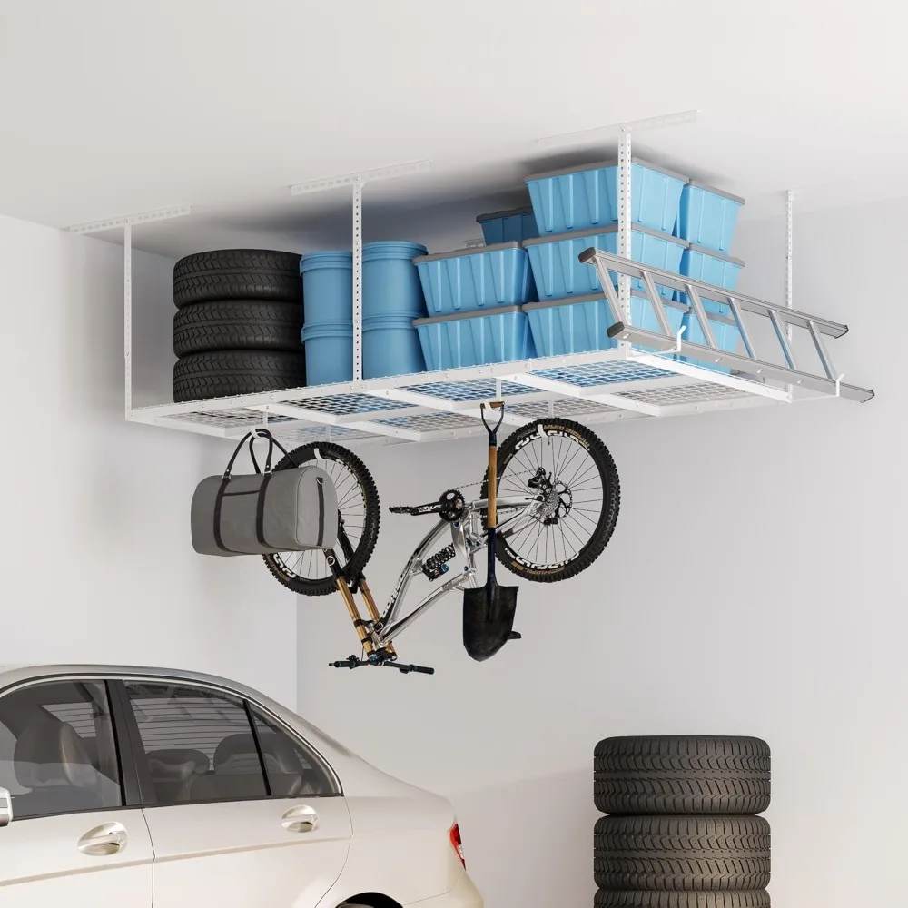 4x8 Overhead Garage Storage Rack w/Hooks Adjustable Ceiling Storage Racks, 96 Length x 48 Width x 40 Height, 22''-40