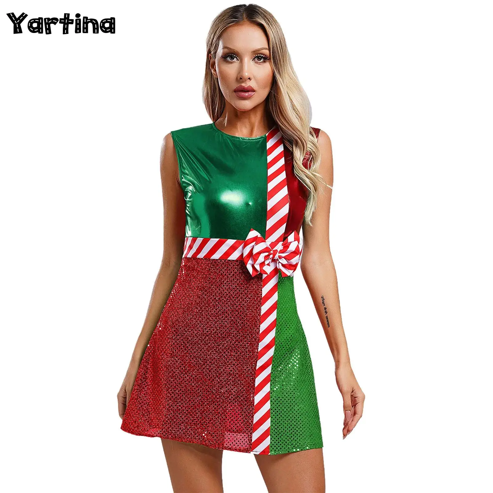 

Womens Metallic Shiny Sequins Christmas New Year Xmas Costume Dress with Safe Briefs Bowknot Mrs Santa New Year Party Tutu Dress