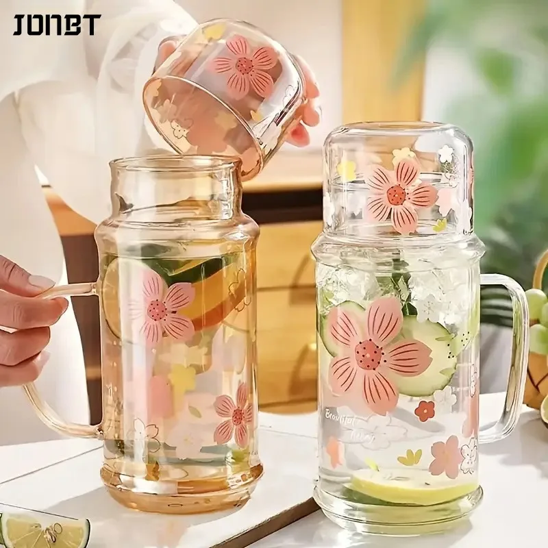 

Cute Flower Cold Water Jug High Borosilicate Glass Drink Water Bottle With Lid Kitchen Housewares Ice Coffee Cups Camping Kettle