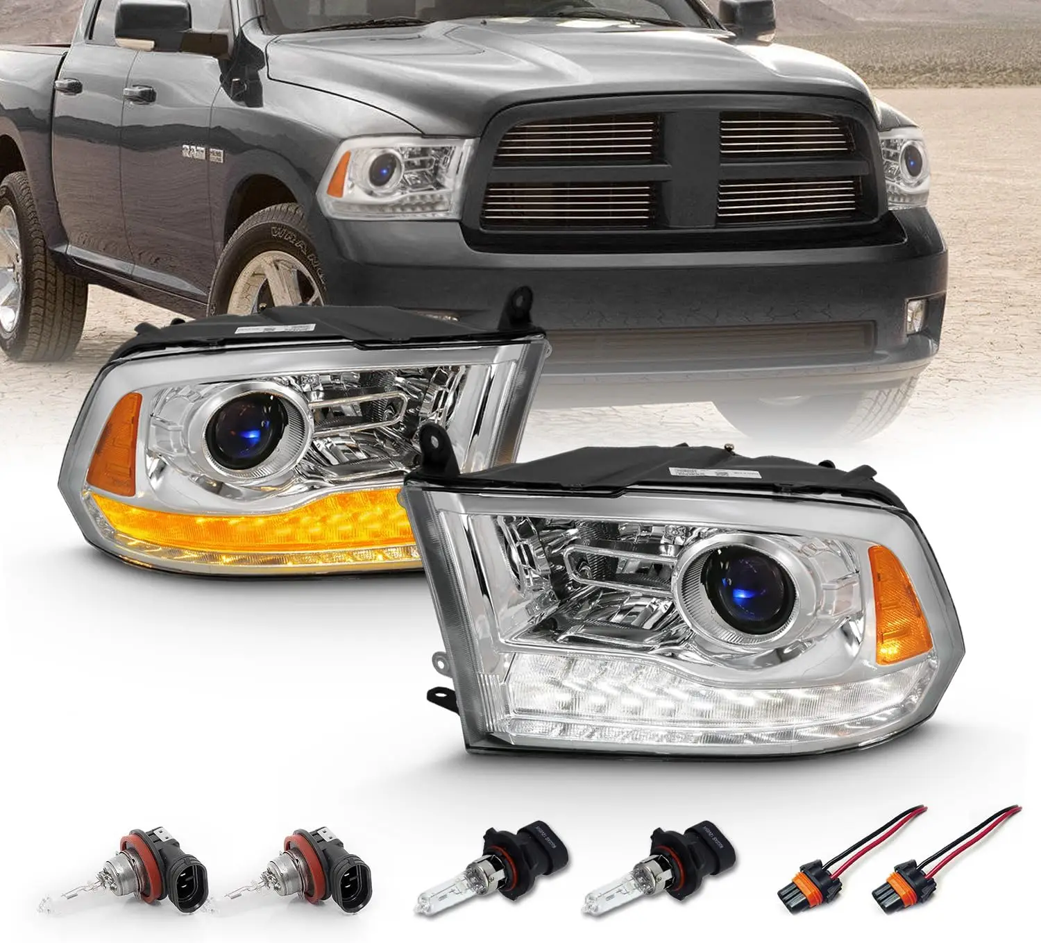 

Halogen, led, Projector Car Headlights For 2009-2018 Dodge Ram 1500 2500 3500 Tube Switchback White & Amber Parking Turn Signal,