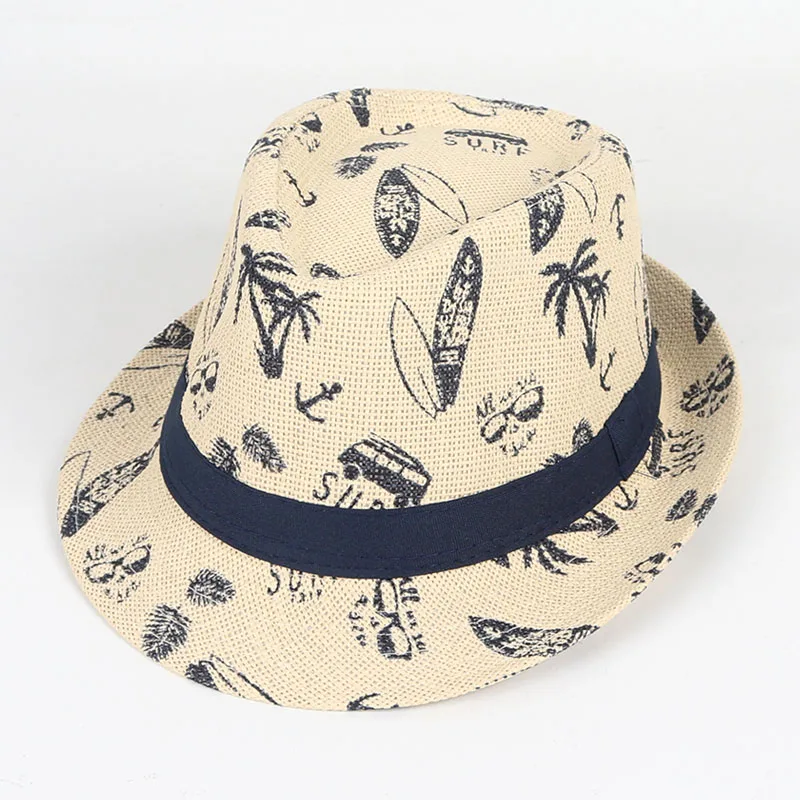 Summer Sun Hat Men 2024 Short Sleeve Fedora Hat Fashion Print Peper Kids Boys Beach Cap