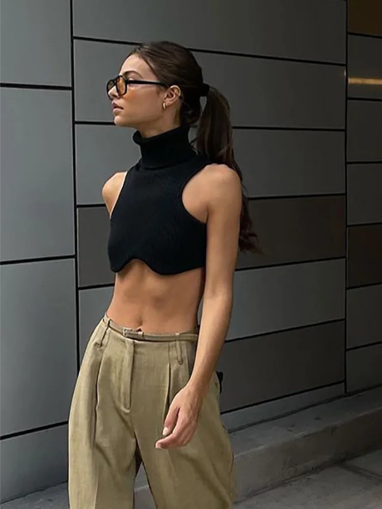 

Y2k Black Knitting Turtleneck Crop Top Women Sexy Irregularity Skinny Elasticity Tank Top Fashion Club Top Streetwear