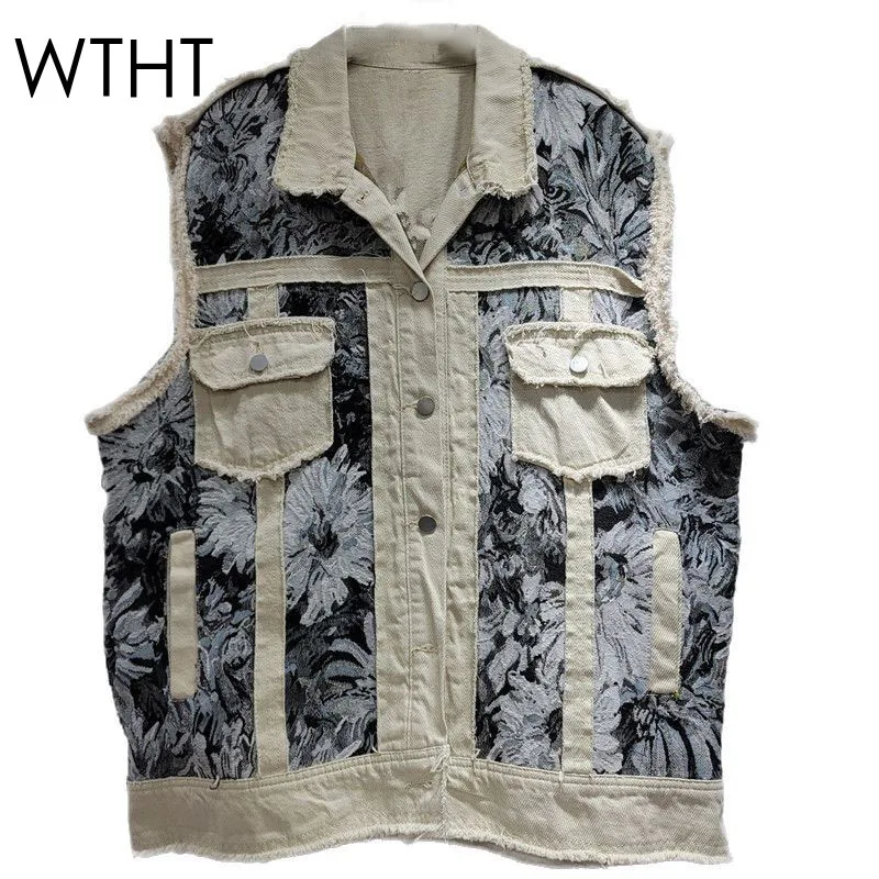 

WTHT Vintage Women Print Burr Edge Spliced Denim Vest Fashion 2025 Summer Turn-down Collar Sleeveless Waistcoat Female 1LS1564