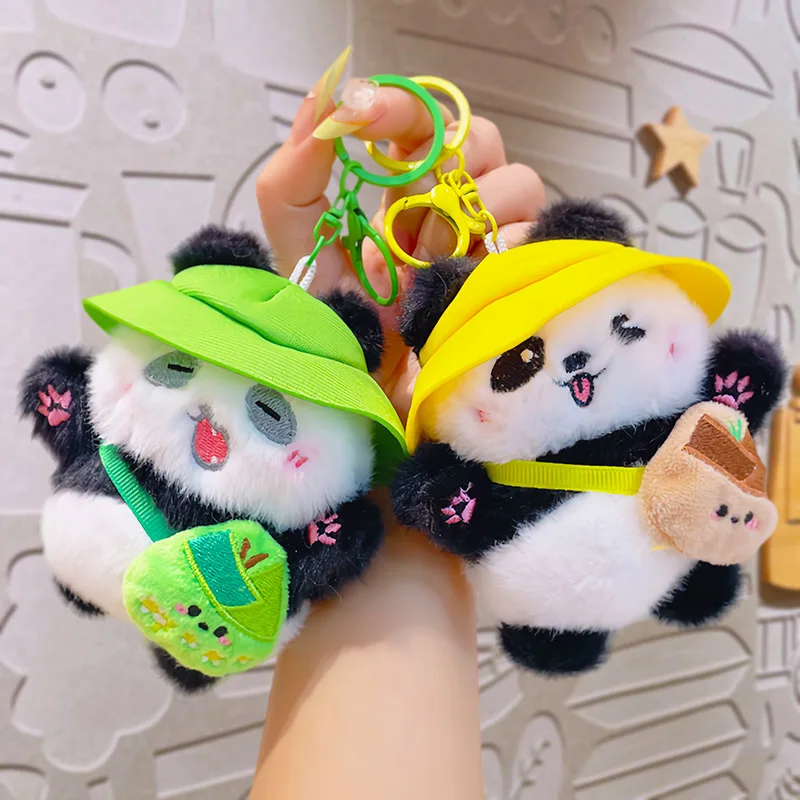Cute Panda Plush Keychain Fluffy Panda with Hat Backpack Bag Charm Pendant for Girls Women Kids Gift Daily Accessory