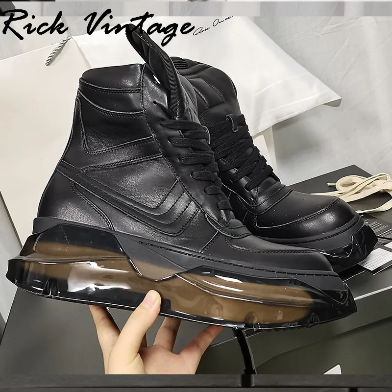 Rick Vintage  Men Shoes High-TOP Platform Boots Genuine Leather Women Sneaker Luxury Trainers Casual Lace-up Zip Black Shoes