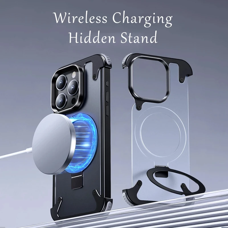 Aluminum Alloy Magnetic Stand Rimless Phone Case For iPhone 13 14 15 Pro Max 15Plus Metal Lens Shell Frosted Matte Back Cover