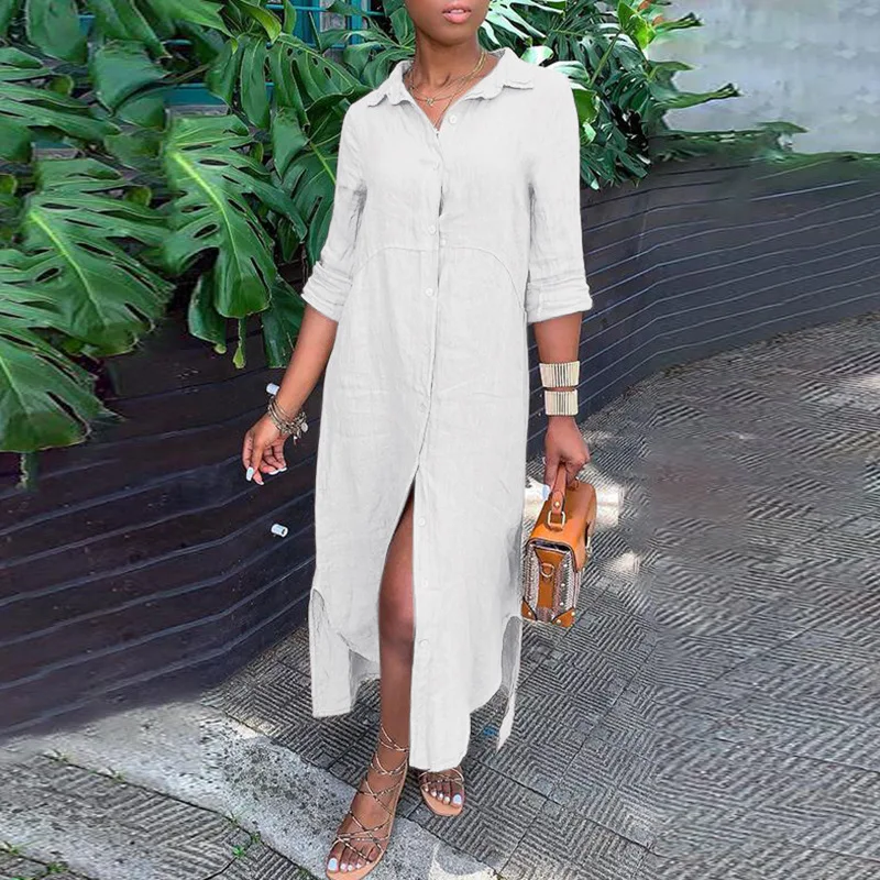 Summer Women\'s Long Dress 2024 New Women\'s Solid Color Retro Cotton Linen Shirt Lapel Button Long Dress