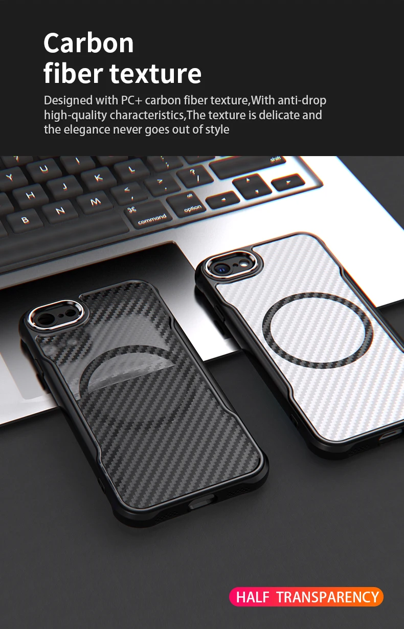 Geeignet für iPhone 7, Kohlefaser, Apple 8 Magsafe Wireless Charging Case SE2, durchscheinende Rüstung, iPhone SE3, Anti-Drop-Handyhülle – Detail 2