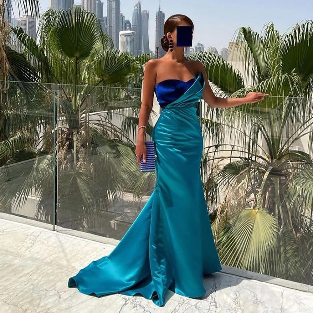 

Saudi Evening Dresses Jersey Sleeveless Straight Strapless Floor Length Pleats Sweep Train Elegant Dresses For Formal Occasions