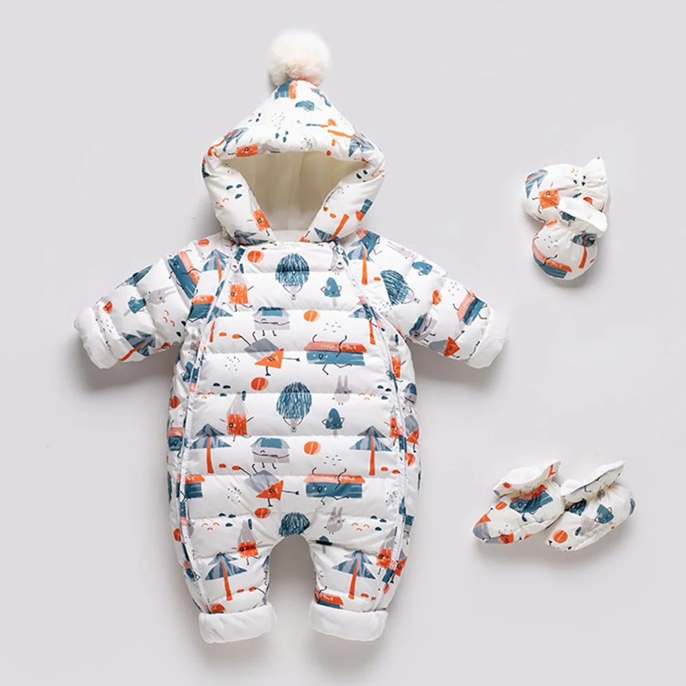 New winter baby down jacket jumpsuit newborn boys thickening outdoor hug kid clothes girls plush printed rompers hooded footies