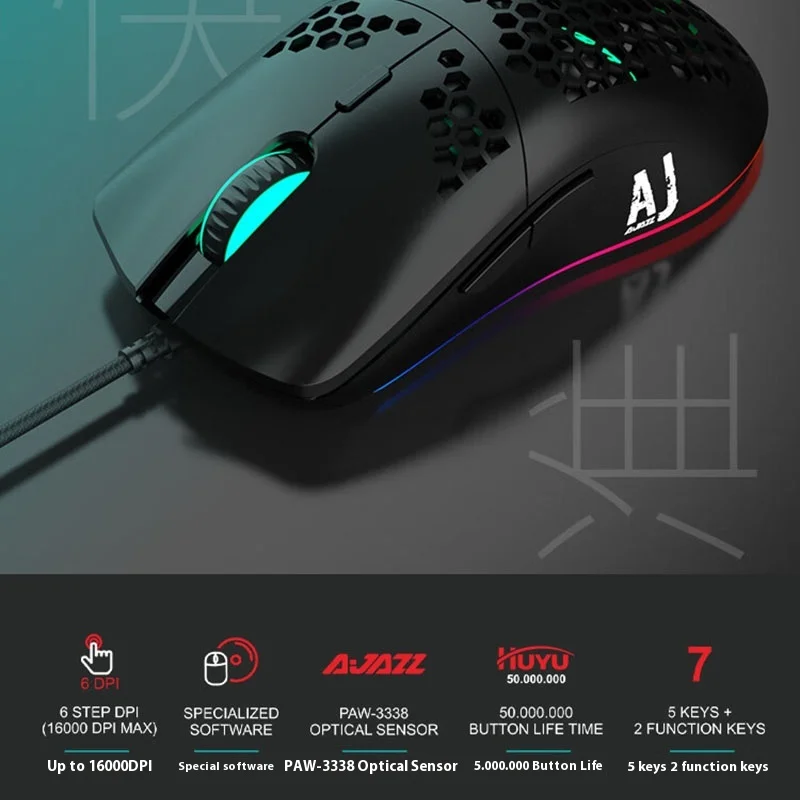 Imagem -03 - Mouse com Fio Ajustável Ajustável Dpi Rgb Paw3338 Ergonômico 7key Material Fosco para Jogo de Esportes Eletrônicos Acessórios de pc Ajazz-aj390