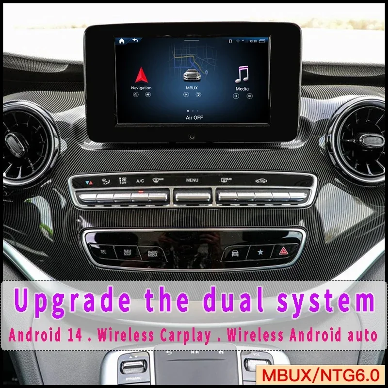 

Беспроводной CarPlay и Android Auto 3-в-1 для Mercedes V-Class MBUX W447 с 7-дюймовым сенсорным экраном и приложениями на Android 14