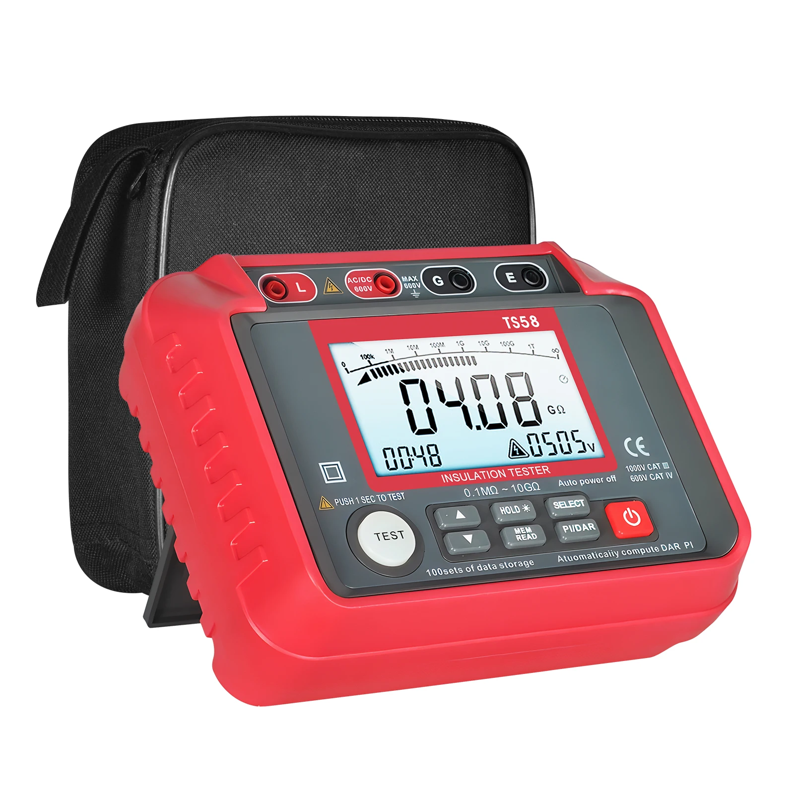 

TS58 Digital Insulation Resistance Tester - 600V AC/DC Megohmmeter with Large LCD, 0.1MΩ to 20GΩ Range, Perfect for 250V/500V/