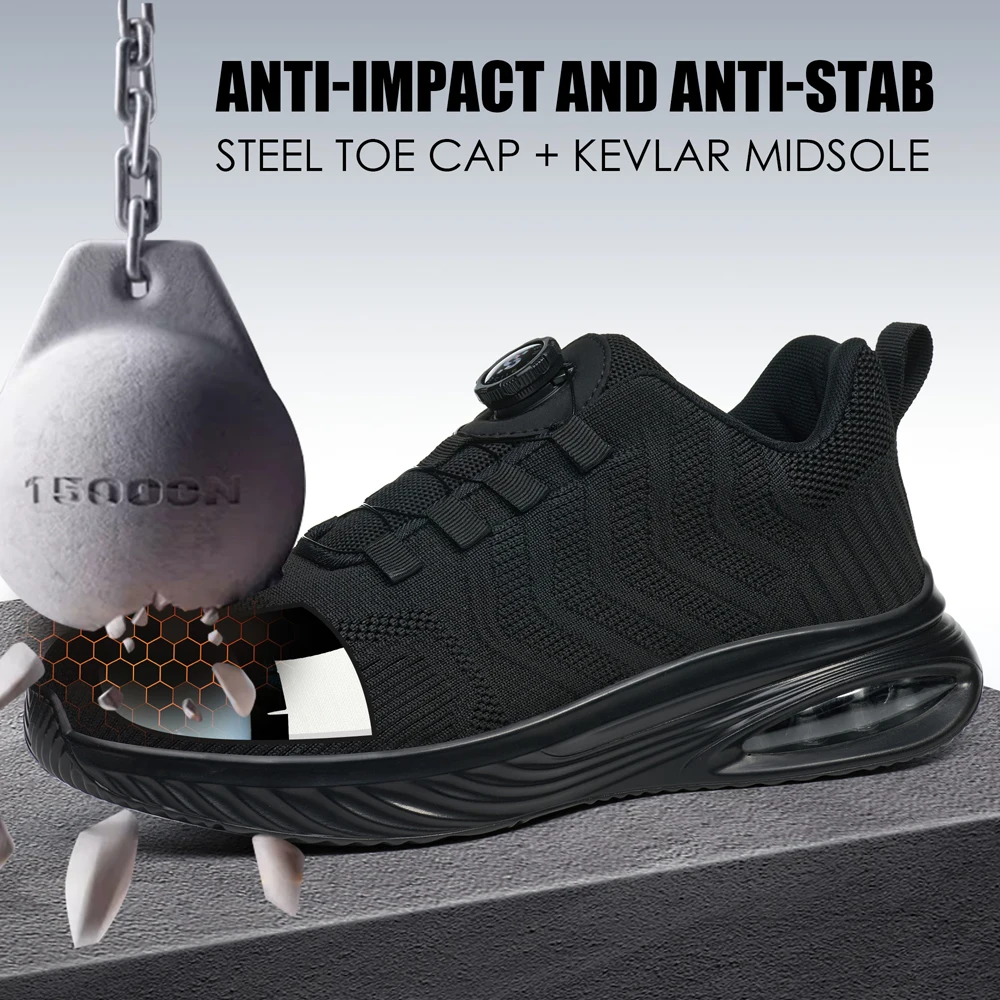 Sicherheitsschuhe mit drehbarem Knopf für Herren, Luftpolster-Arbeitsschuhe, Stahlkappenschuhe, pannensichere Sicherheitsschutzschuhe, Arbeitsstiefel