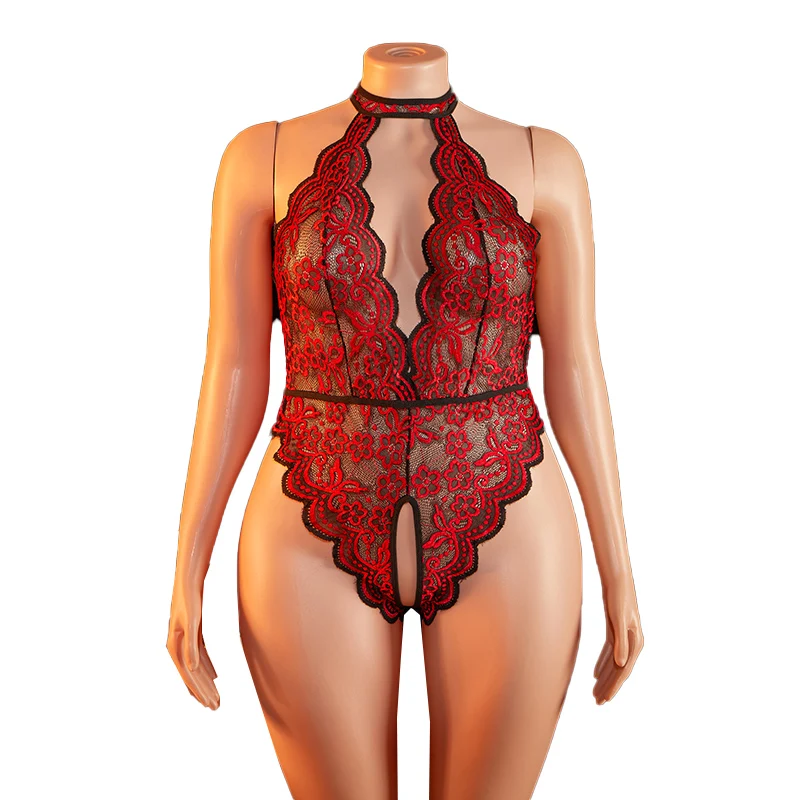 Plus Size Transparent Lace Mesh Women Deep V Backless Hot Romantic Underwear Crotchless Erotic Valentine's Day Sexy Lingerie