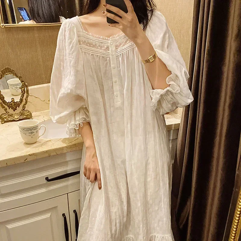 Long Girls Sleeves Dress New Lace Ruffle Loungewear Vintage Home Cotton Looose Women Nightdress French Pajamas Patchwork Female