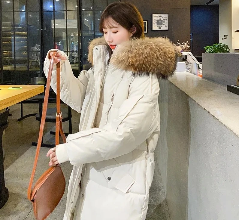 

Korean Fashion Snow WearFaux Fur Collar Long Hooded Women Puffer Loose Warm Winter Cotton Jackets