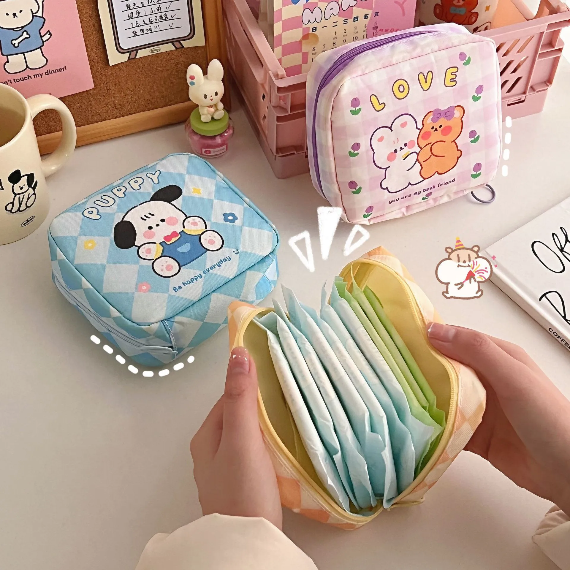 Ins Cute Cartoon Small Cosmetic Bags Lipstick Makeup Organizer Case Mini Sanitary Napkins Travel Earphone Coin Storage Bag Pouch