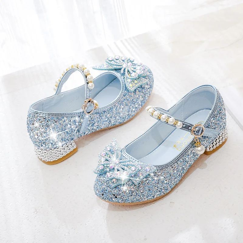 Girls High Heels 2024 New with Blue Pink Princess Crystal Dance Shoes Bowknot Rhinestone Beaded Children Wedding Leather Shoes