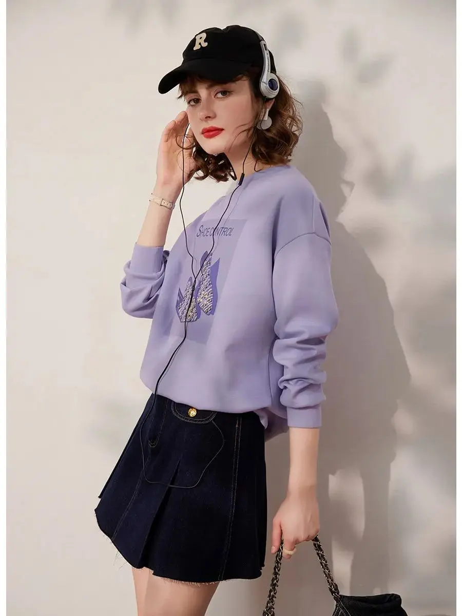 LOUIS YAO Women Sweatshirt 2024 Spring Print Beading Fashion Round Neck Long Sleeve Loose Fit Casual Purple White Pullover Top