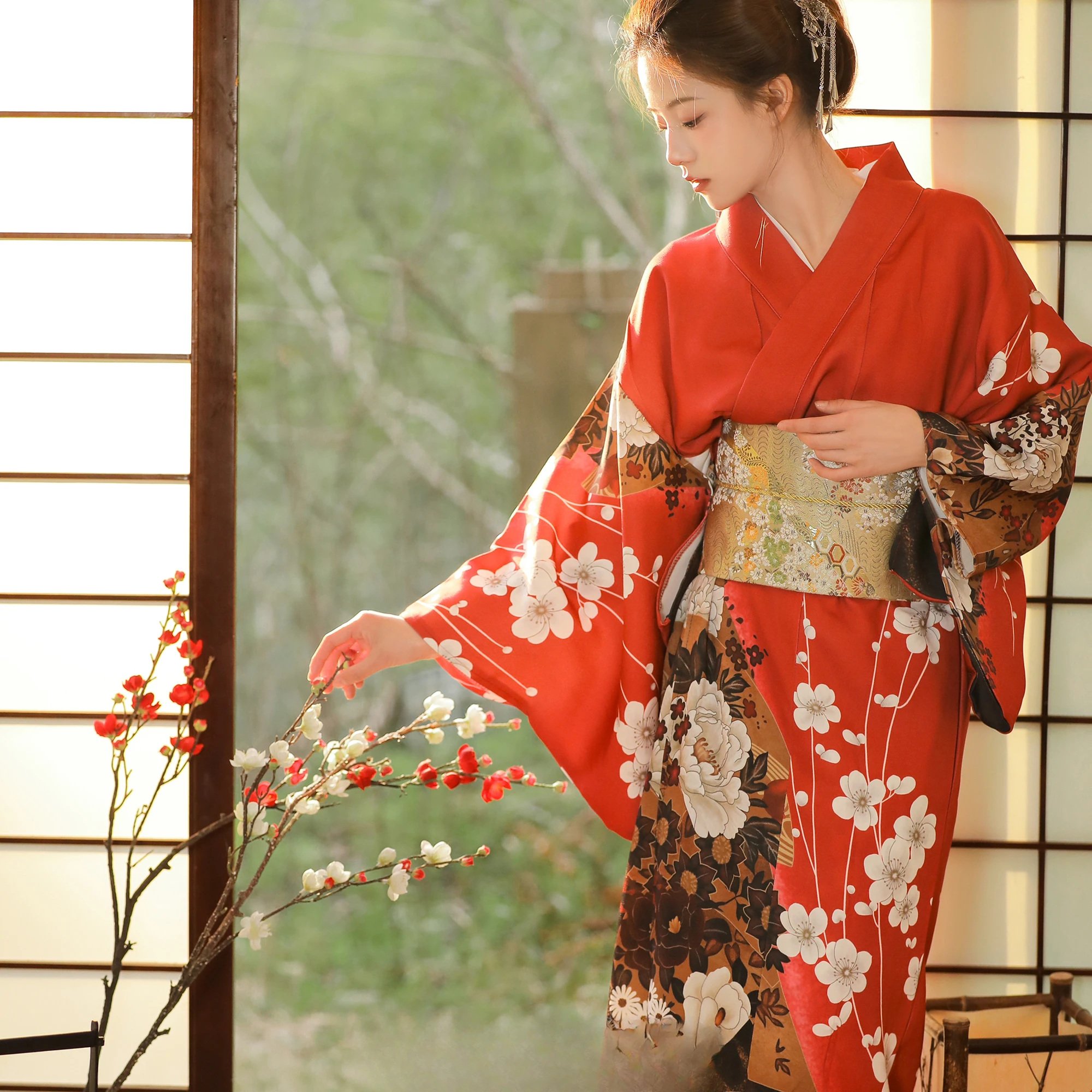 Red Kimono Women Japanese Traditional Yukata Haori Kimonos Cosplay Gown Female Summer Fashion Photography Clothes Formal Dress