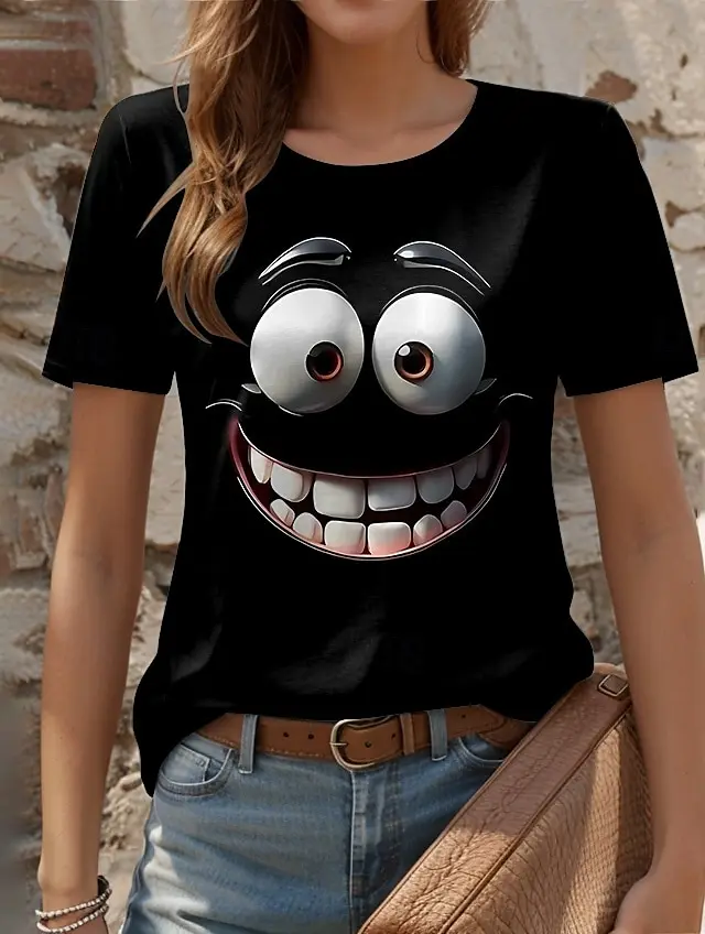 3D Printed Fun Expression Pattern Women's T-shirt Summer Casual Round Neck Top Short Sleeve Loose T-shirt Daily Short Sleeve