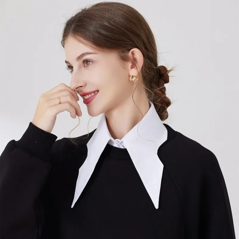 Feminino branco longo apontado colar falso grande lapela colar falso lapela destacável meia camisa de algodão colares falsos