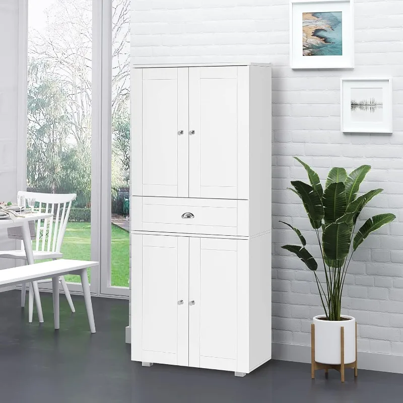 Freestanding Kitchen Pantry Cabinet, Tall Storage Cabinet with 4 Doors, Drawer and Adjustable Shelves for Dining Room,