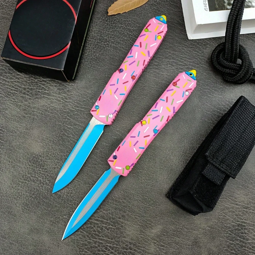 UT85 Utility D2 Taschenmesser mit Stahlklinge, Camping, Selbstverteidigung, taktisches Jagdmesser, rosa Griff aus Aluminiumlegierung, EDC-Werkzeuge