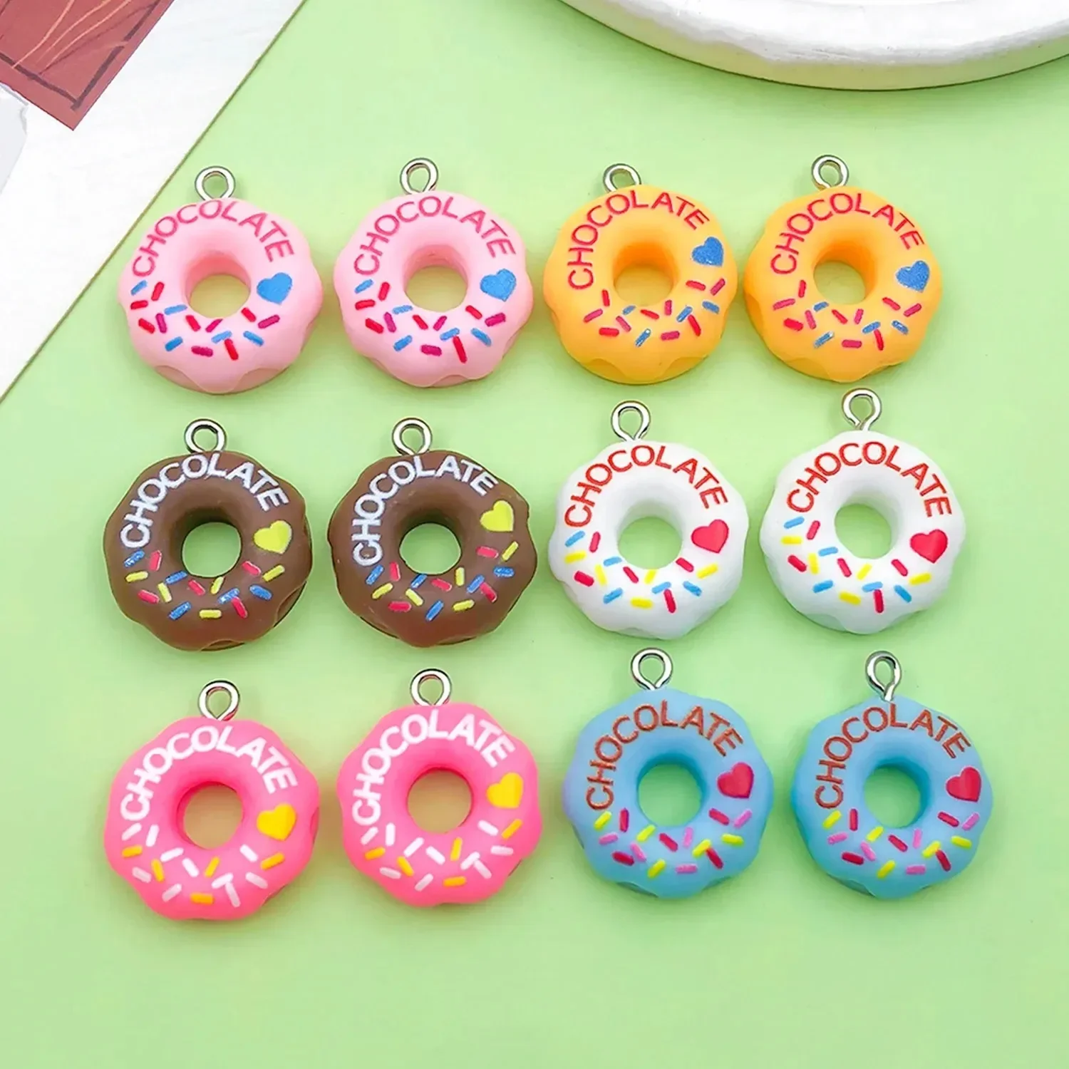 10Pcs 19×23mm Colorful Mini 3D Doughnut Pendants, Simulated Food Resin Charms for DIY Handcraft Making Supplies