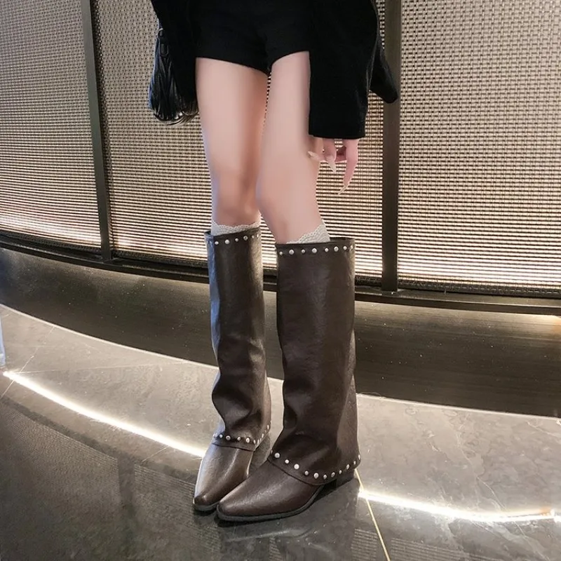 Woman Cowgirl Boots Fashion Slip On Ladies Elegant Square Heel Long Pipe Boots Shoes Retro Women's Winter Footwear