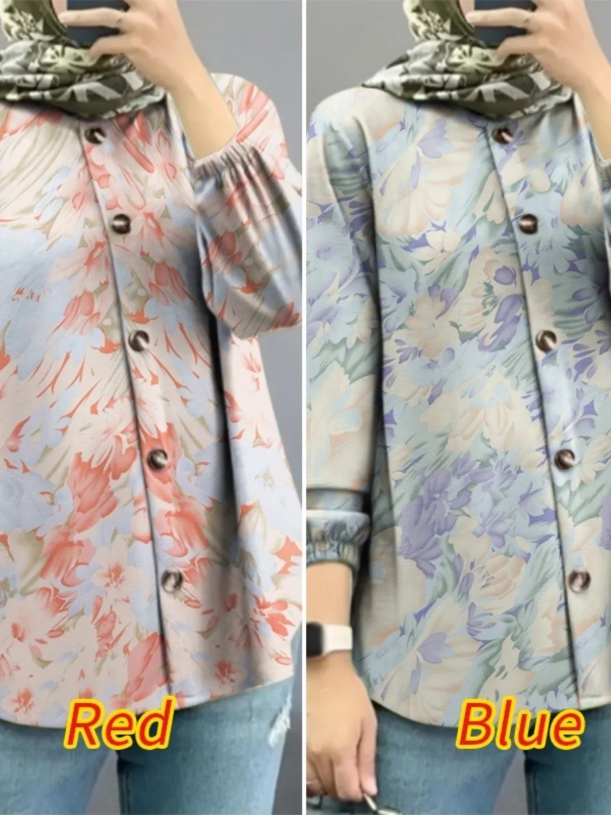 

Faionable Floral irt for Women Muslim Bubble Sve Cross-Border Middle East Malaysia New 2025 Polyester Spring Clothing