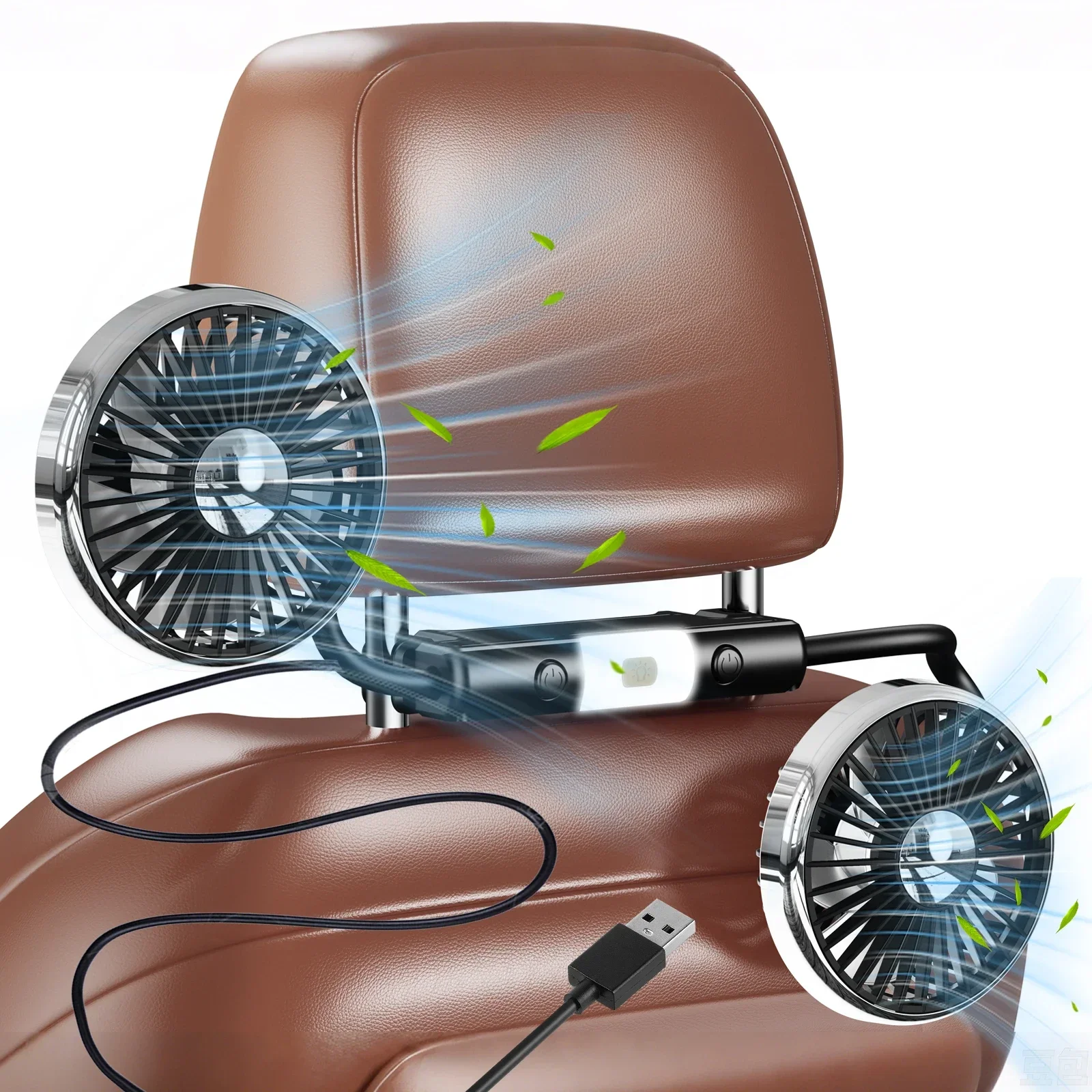 

Eary Car Rear Hose Fan USB Dual Head Fan for Seat Headrest Adjustable 3 Speed Wind Powerful Airflow Air Cooling Fan 2 Lighting