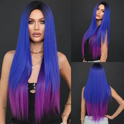 NAMM Synthetic Long Straight Wigs For Women Blue purple gradient Daily Party Use Dark Roots High Density Layered Hair Wigs
