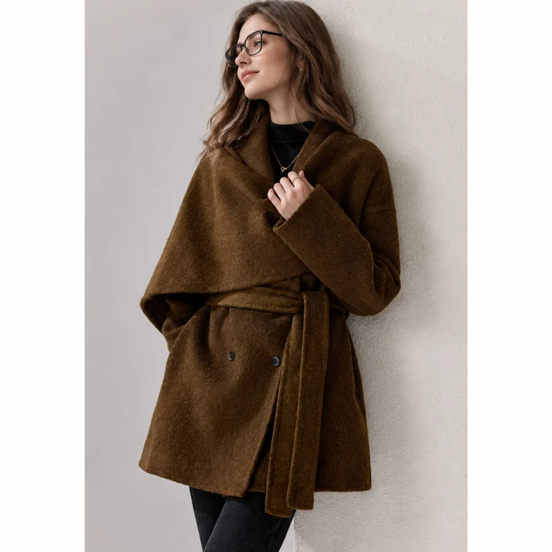 Women's Double Breasted Mid Coat, Detachable Scarf Collar Belted Oversized Winter Jacket