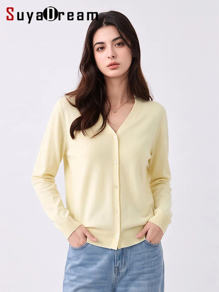SuyaDream, Elegant 100% Superfine Wool Cardigan Women, V Neck Long Sleeve Thin Knit Coat for Daily Wear, Elegant Outerwear