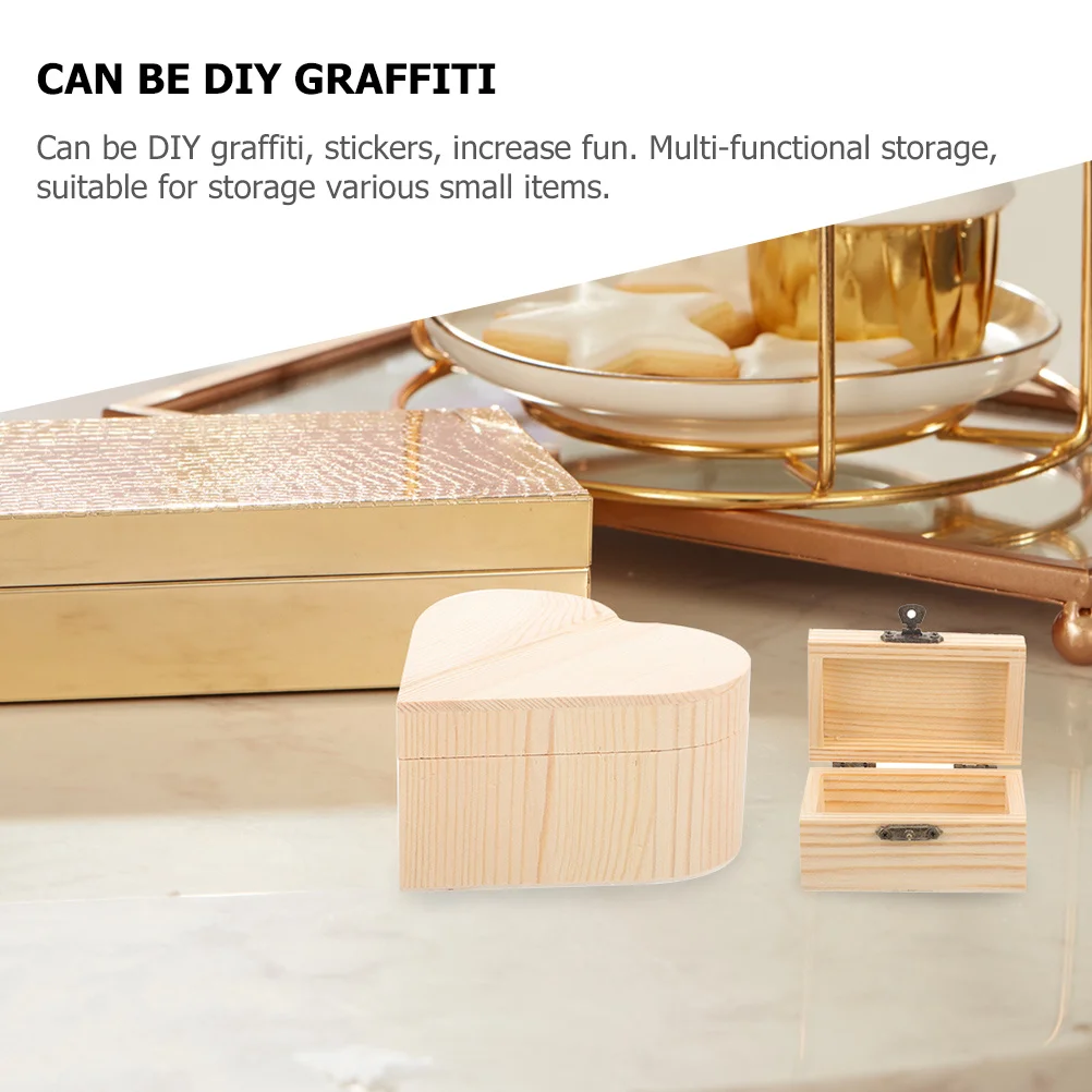 2Pcs Unfinished Wooden Box DIY Unpainted Storage Organizer Heart Shape Rectangular Jewelry Keepsake Craft Small Storage Box