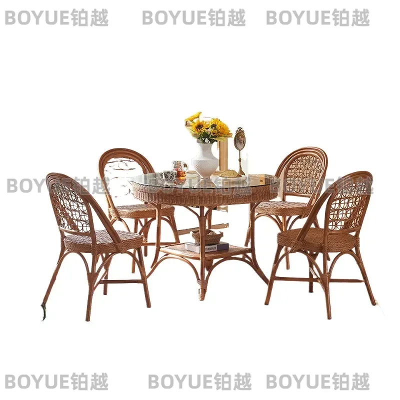 Rattan Dining Set Handmade Indonesian Agate Rattan Table and Chairs Antique Style Indoor Furniture for Home