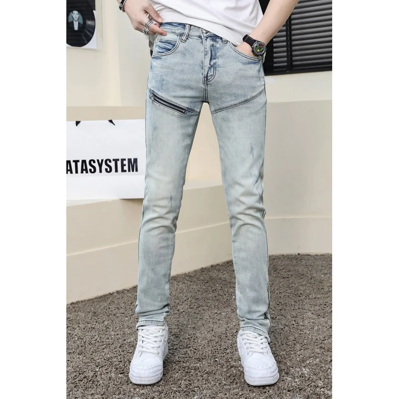 2024Spring and Summer New Denim Trousers Men's Street Locomotive Style Fashion Personality Zipper Slim Fit Tapered Pants