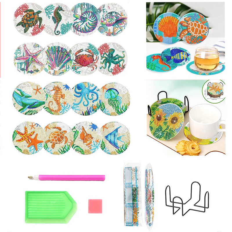 

SDOYUNO 6/8Pcs DIY Diamond Painting Coasters With Holder Ocean Drink Cup Cushion Diamond Embroidery Diamond Art Craft For Adults