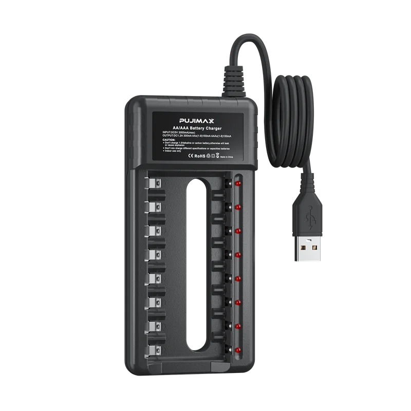 PUJIMAX 8 Slot USB Output Fast Charging Battery Charger Short Circuit Protection Suitable For AA/AAA/Nimh Rechargeable Batteries