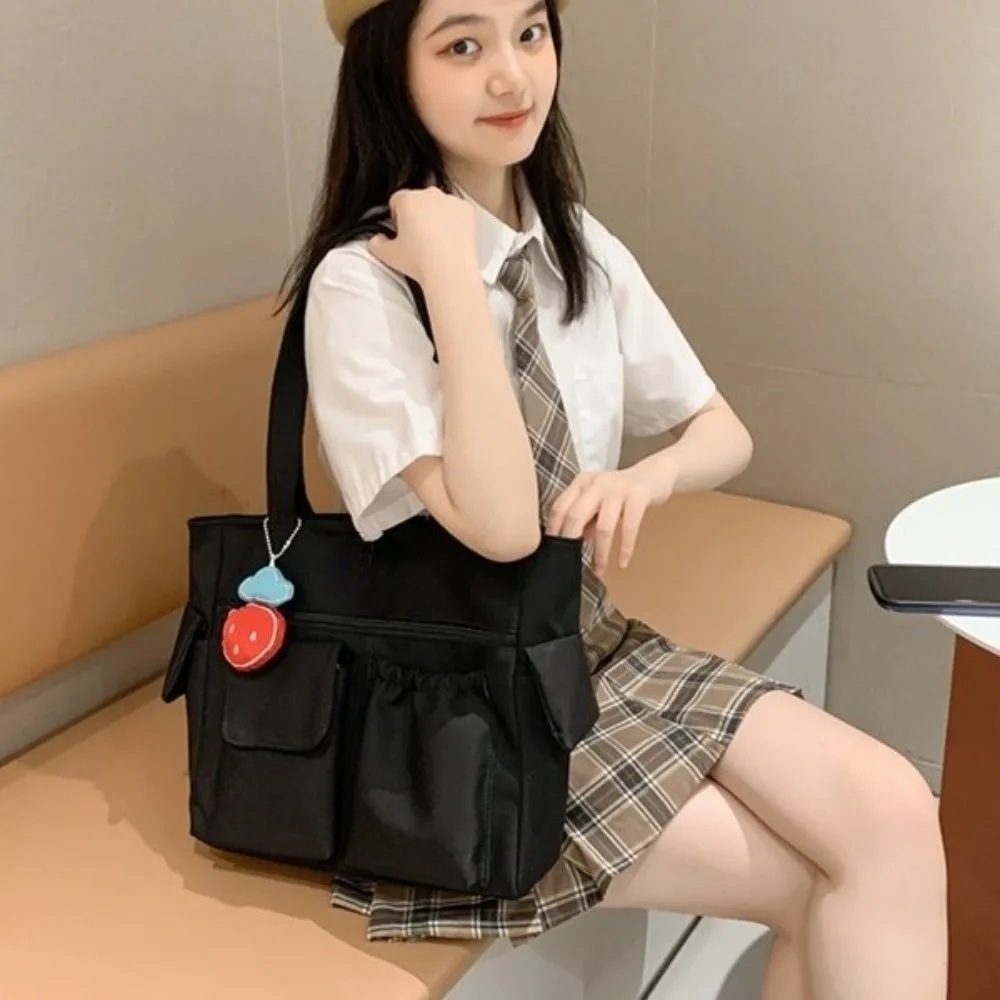 

Nylon Canvas Tote Bag Large Capacity with Strawberry Pendant Student School Bag Solid Color Korean Style Japanese Shoulder Bag