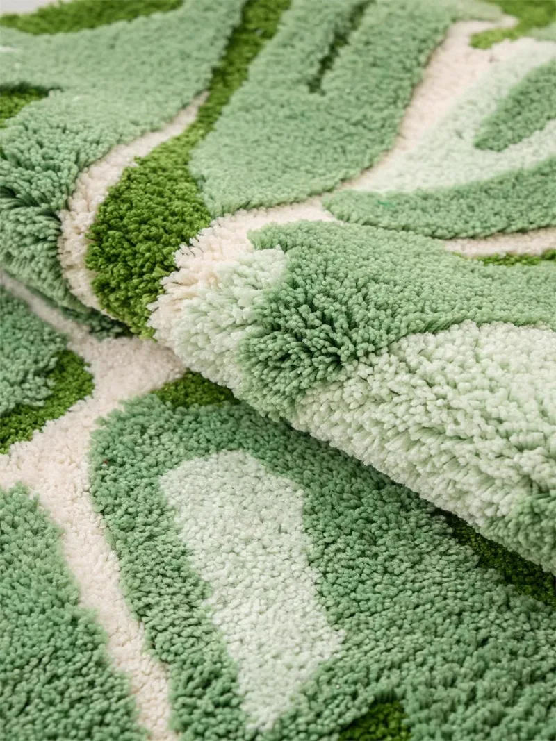 Green plant leaf cluster plush bedroom bedside ambient carpet bathroom anti-slip faux cashmere foot mat rug