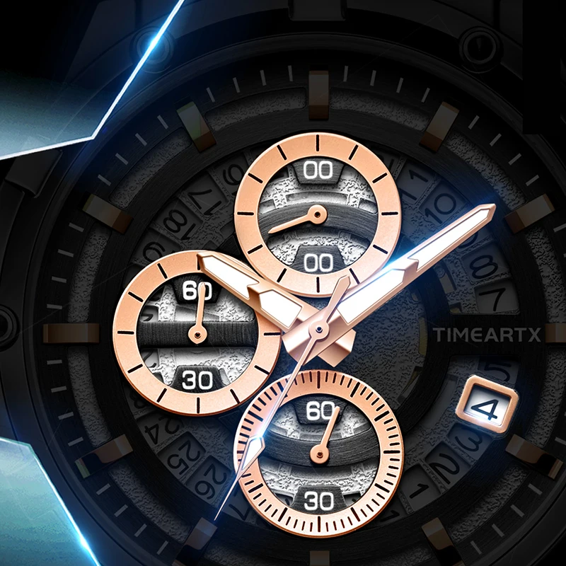 Timeartx 5430 جودة الأزياء الفولاذ المقاوم للصدأ للماء كوارتز ساعة المعصم رجل الصلب الفرقة مقياس رقمي ثلاثة العين ووتش #5