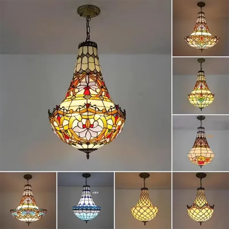 

Tiffany Style Pendant Light Mediterranean Vintage Stained Glass Luxury Lamp Romantic Living Room Restaurant Decoration Light