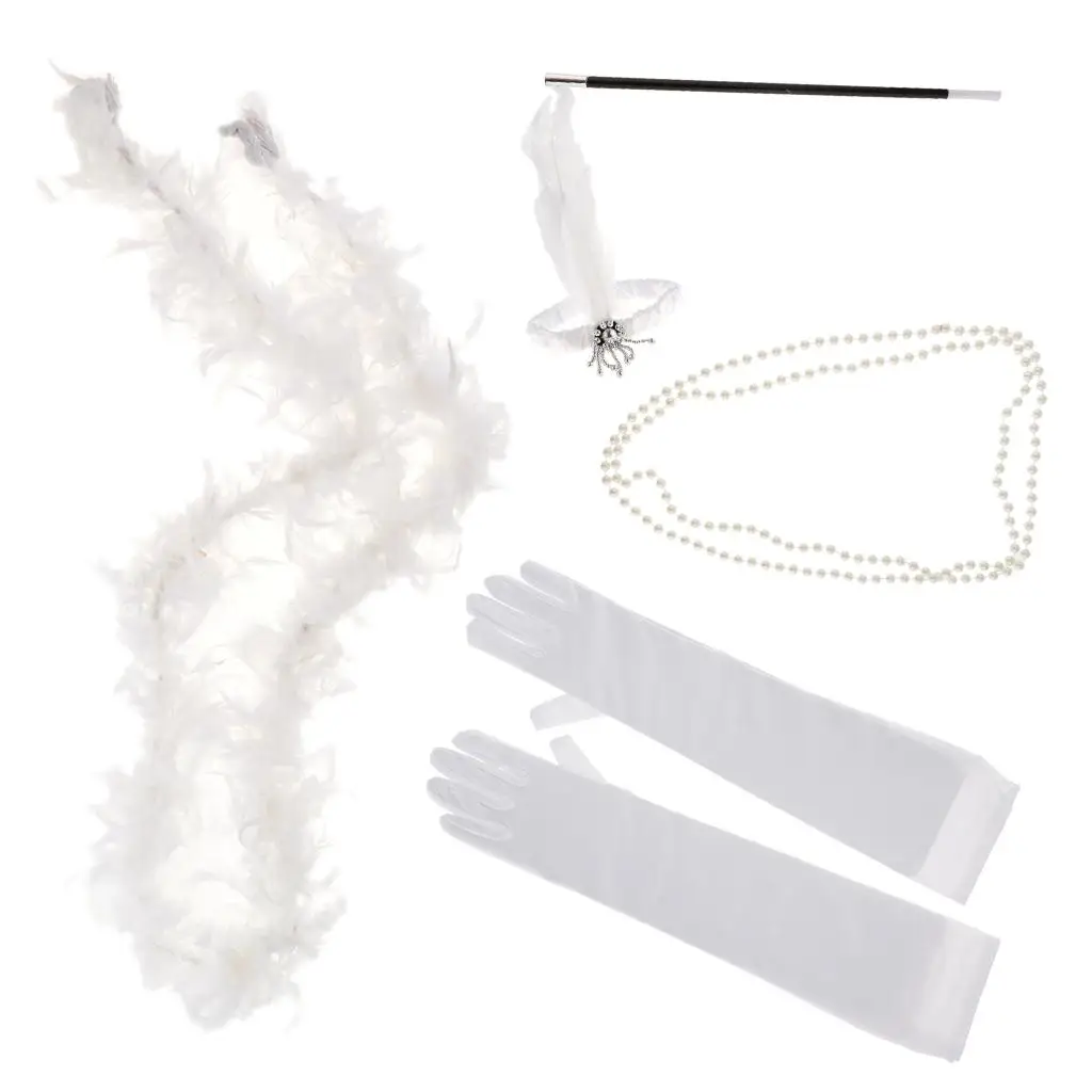 Gatsby Party Fancy Dress Accessories Set Pearl Necklace Feather Headband for 2